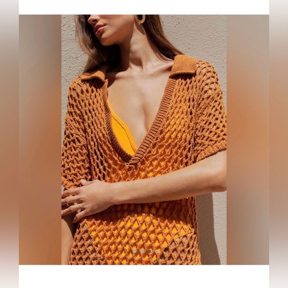 By Anthropologie Short-Sleeve Crochet Midi Shirt Dress - Picture 3 of 6